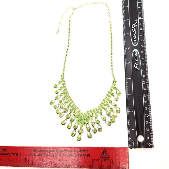 Lime Green Rhinestone Necklace/Earring Set Bib Style Gold Tone - Picture 4 of 7